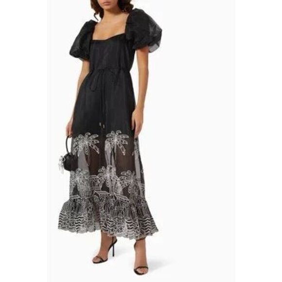 ELLIATT Nyx Maxi  Black Dress in Sheer organza Resort palm embroidery Size S NWT - Picture 2 of 6